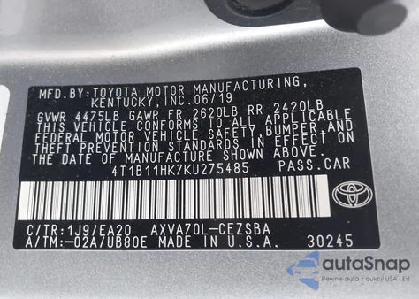 2019 Toyota Camry Se z USA, uszkodzony, nr VIN 4T1B11HK7KU275485